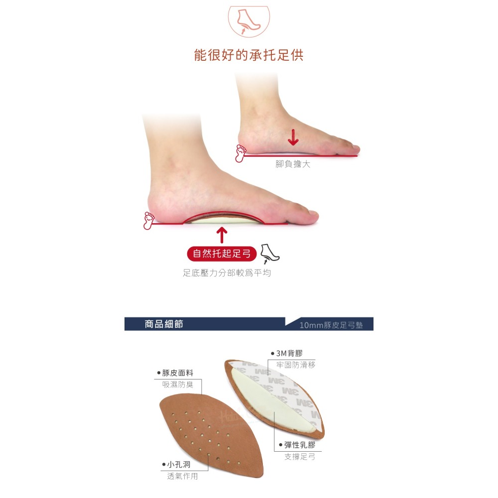 糊塗鞋匠 優質鞋材 H14 10mm豚皮足弓墊 1雙 掌心墊 腳窩墊 足心墊 掌弓墊 足弓輔助墊 台灣製造-細節圖5