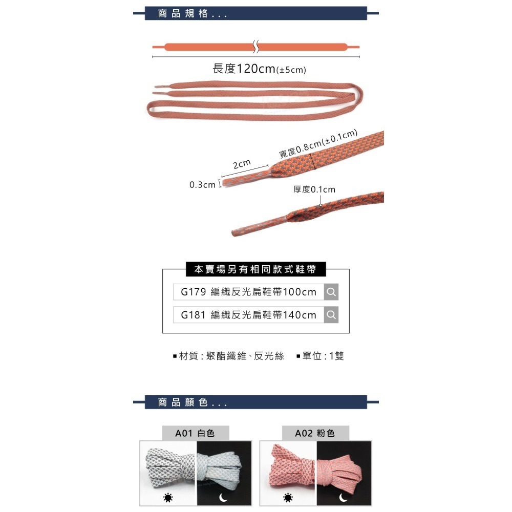 糊塗鞋匠 優質鞋材 G180 編織反光扁鞋帶120cm 1雙 反光鞋帶 發光鞋帶 夜間反光鞋帶-細節圖3