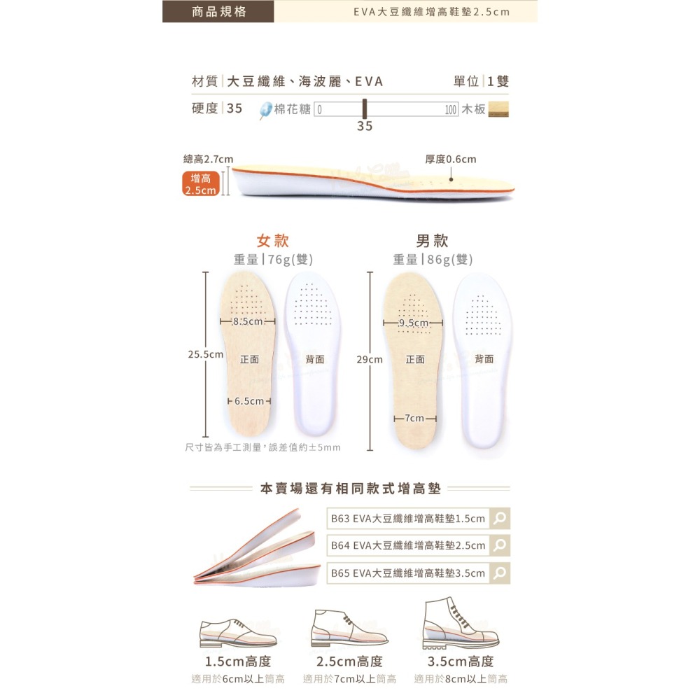 糊塗鞋匠 優質鞋材 B64 EVA大豆纖維增高鞋墊2.5cm 1雙 增高鞋墊 增高全墊 EVA增高鞋墊 EVA增高墊-細節圖3