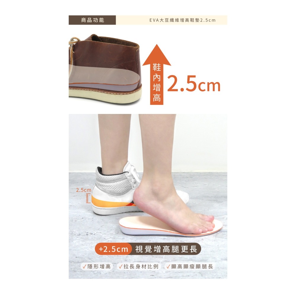糊塗鞋匠 優質鞋材 B64 EVA大豆纖維增高鞋墊2.5cm 1雙 增高鞋墊 增高全墊 EVA增高鞋墊 EVA增高墊-細節圖4