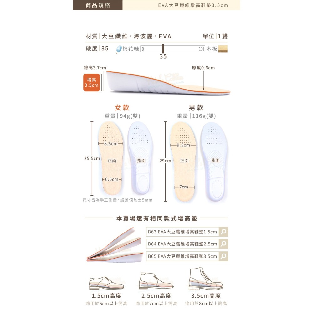 糊塗鞋匠 優質鞋材 B65 EVA大豆纖維增高鞋墊3.5cm 1雙 增高鞋墊 增高全墊 EVA增高鞋墊 EVA增高墊-細節圖3
