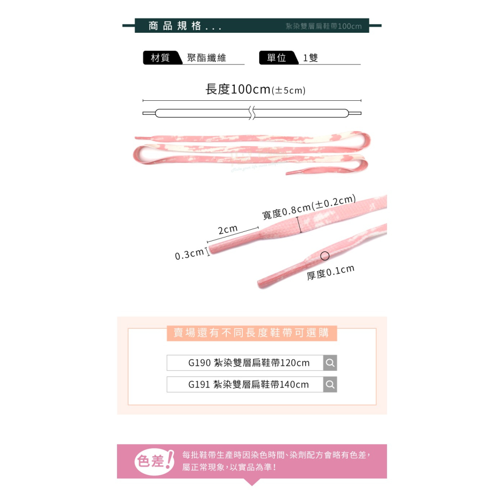 糊塗鞋匠 優質鞋材 G189 紮染雙層扁鞋帶100cm 1雙 漸變色鞋帶 紮染彩色鞋帶-細節圖3