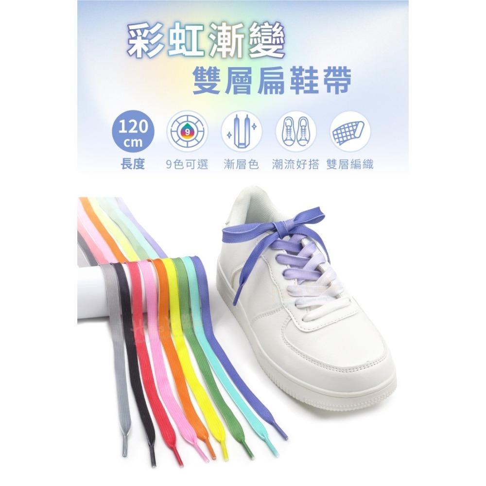 糊塗鞋匠 優質鞋材 G198 彩虹漸變雙層扁鞋帶120cm 1雙 彩色漸層鞋帶 漸變色鞋帶-細節圖2