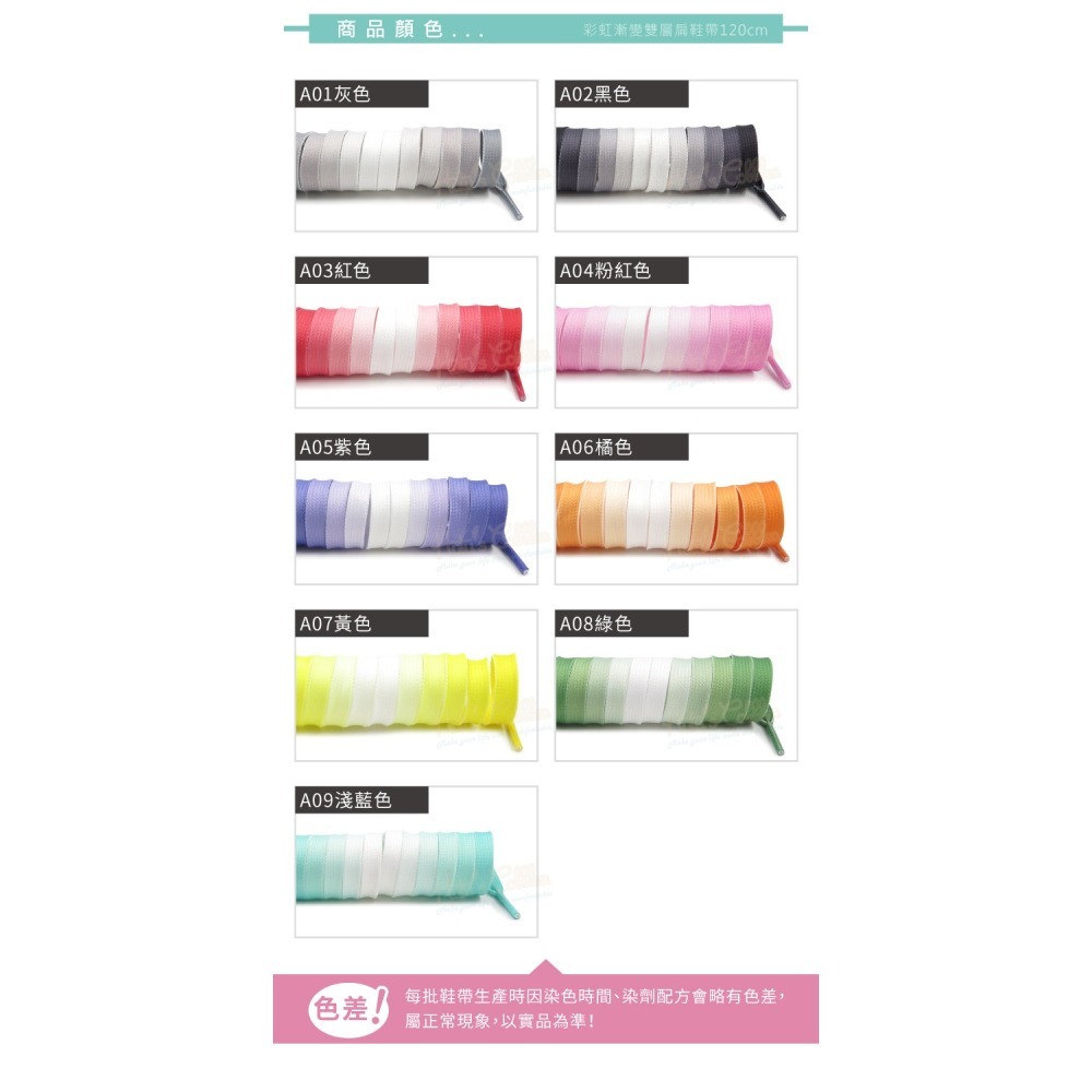 糊塗鞋匠 優質鞋材 G198 彩虹漸變雙層扁鞋帶120cm 1雙 彩色漸層鞋帶 漸變色鞋帶-細節圖4