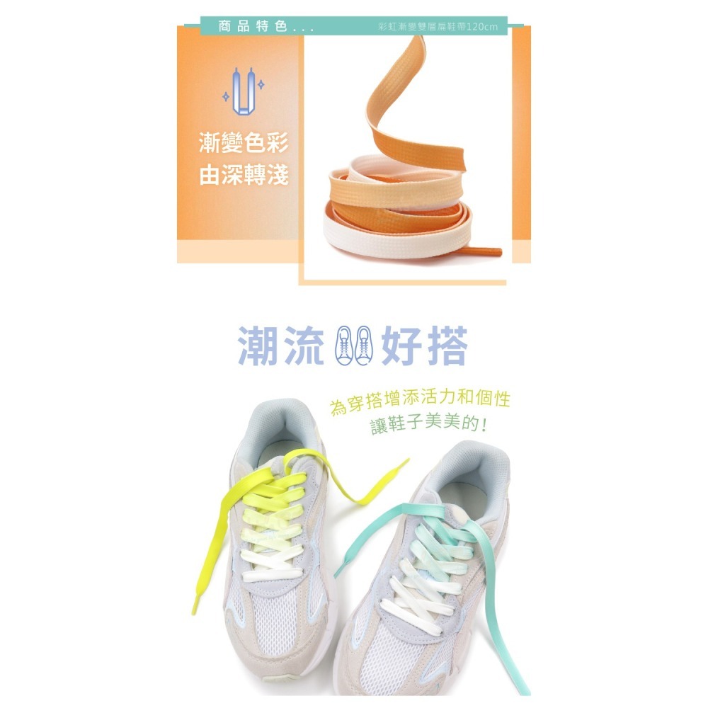 糊塗鞋匠 優質鞋材 G198 彩虹漸變雙層扁鞋帶120cm 1雙 彩色漸層鞋帶 漸變色鞋帶-細節圖5