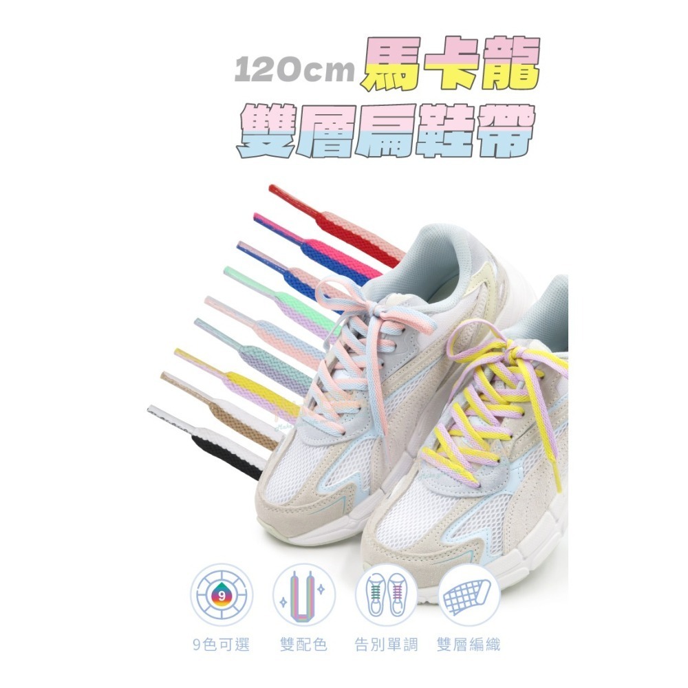 糊塗鞋匠 優質鞋材 G200 馬卡龍雙層扁鞋帶120cm 1雙 馬卡龍鞋帶 鴛鴦扁鞋帶 雙色鞋帶-細節圖2