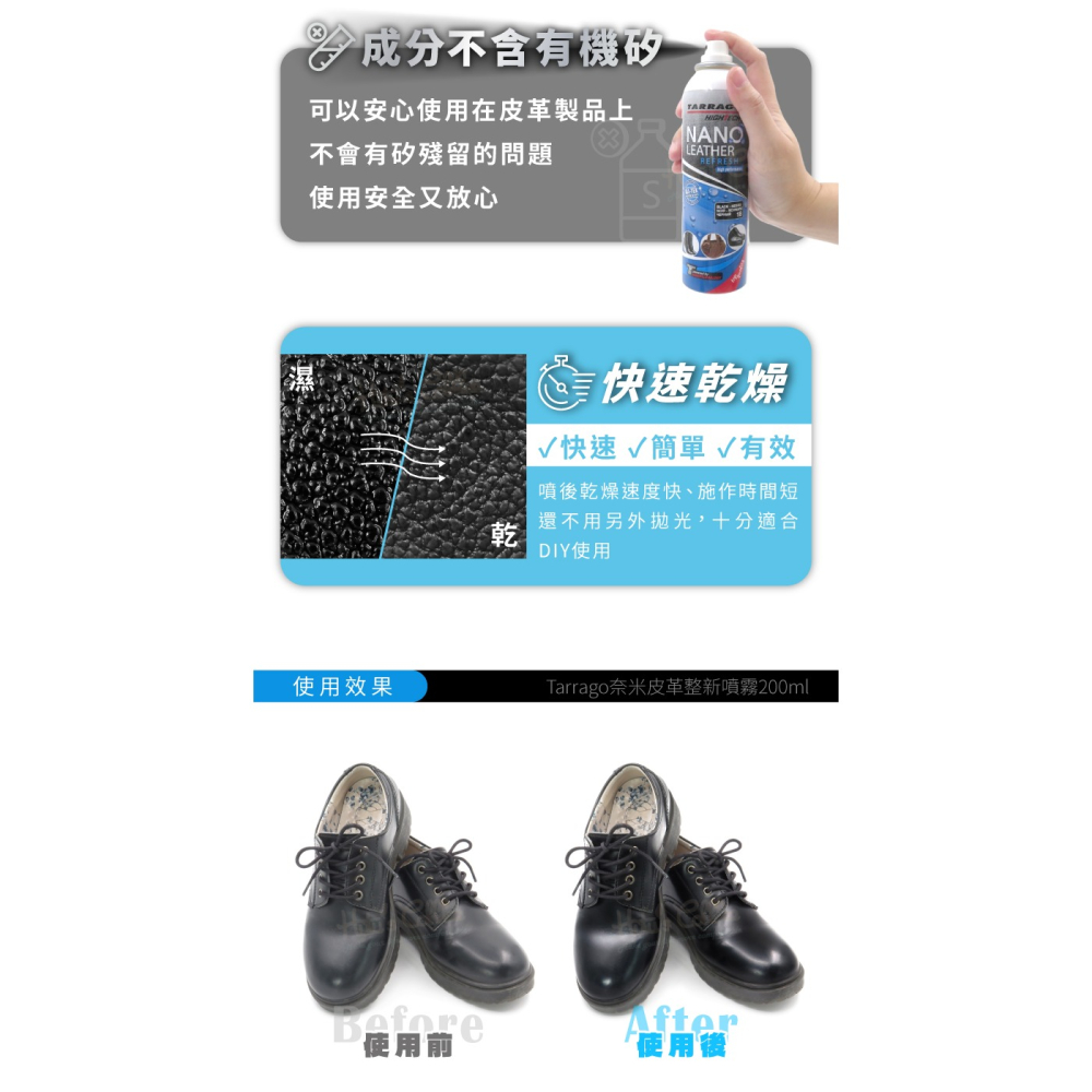 糊塗鞋匠 優質鞋材 L18 西班牙Tarrago奈米皮革整新噴霧200ml 1罐 高科技奈米皮革整新噴霧 皮革補色噴霧-細節圖6