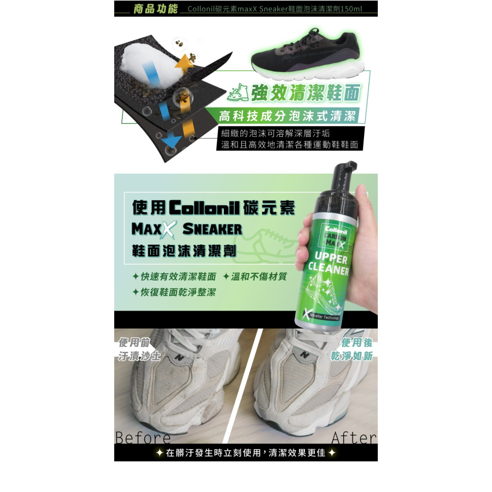 糊塗鞋匠 優質鞋材 K146 德國Collonil碳元素maxX Sneaker鞋面泡沫清潔劑150ml 1瓶 運動鞋-細節圖4
