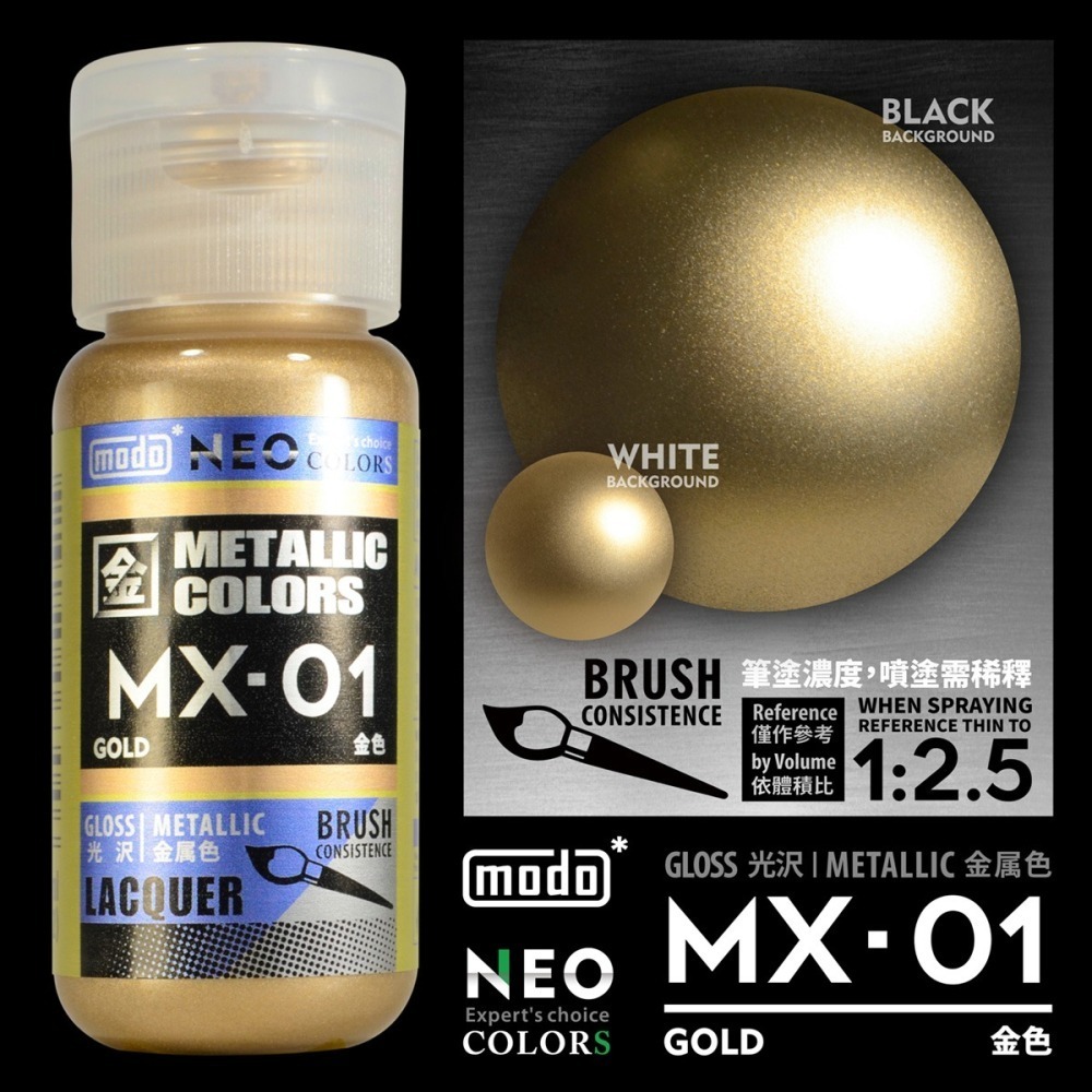 【modo摩多製造所】NEO瓶 全新二代金屬色  MX-01 MX01 金色/30ML/模型漆｜官方賣場-細節圖2