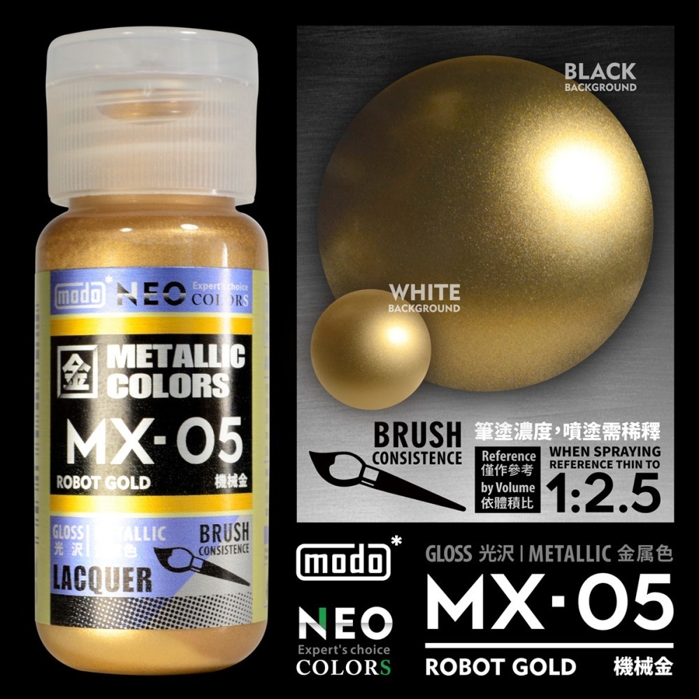 【modo摩多製造所】NEO瓶 全新二代金屬色  MX-05 MX05 機械金/30ML/模型漆｜官方賣場-細節圖2
