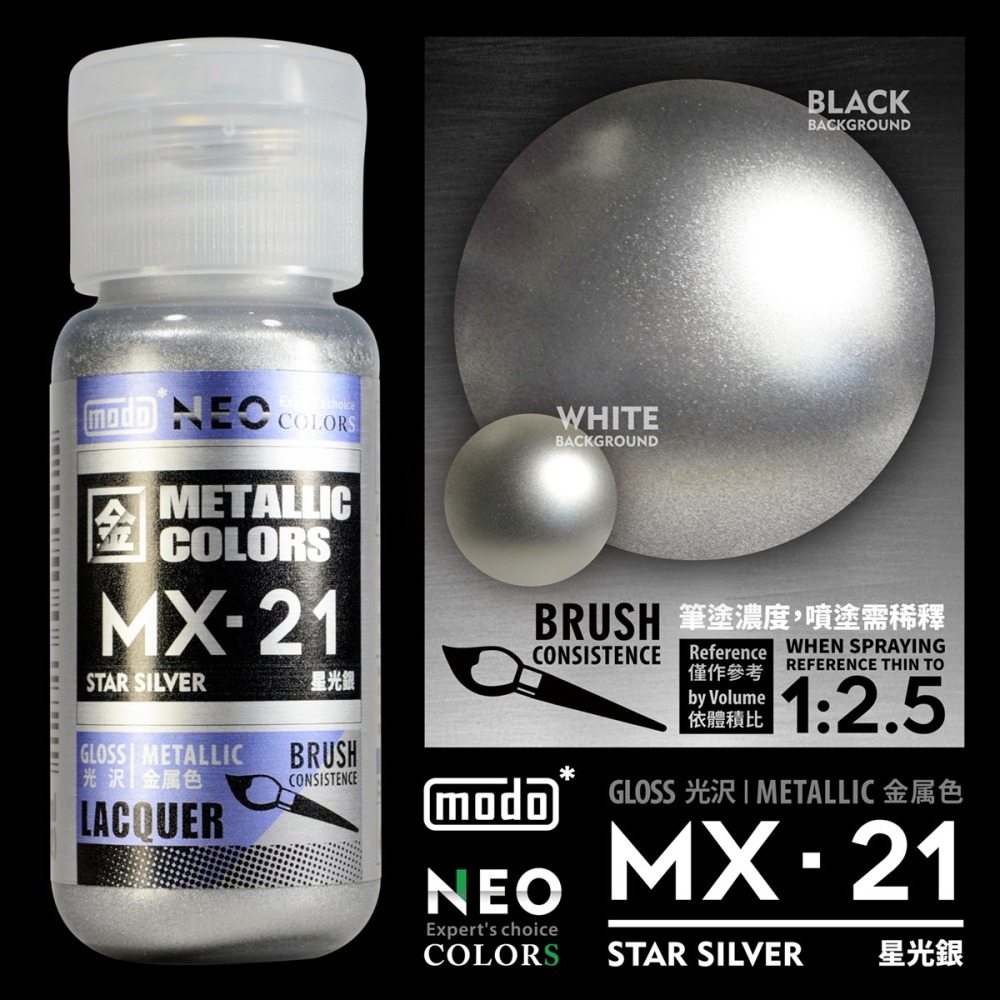 【modo摩多製造所】NEO瓶 全新二代金屬色  MX-21 MX21 星光銀/30ML/模型漆｜官方賣場-細節圖2