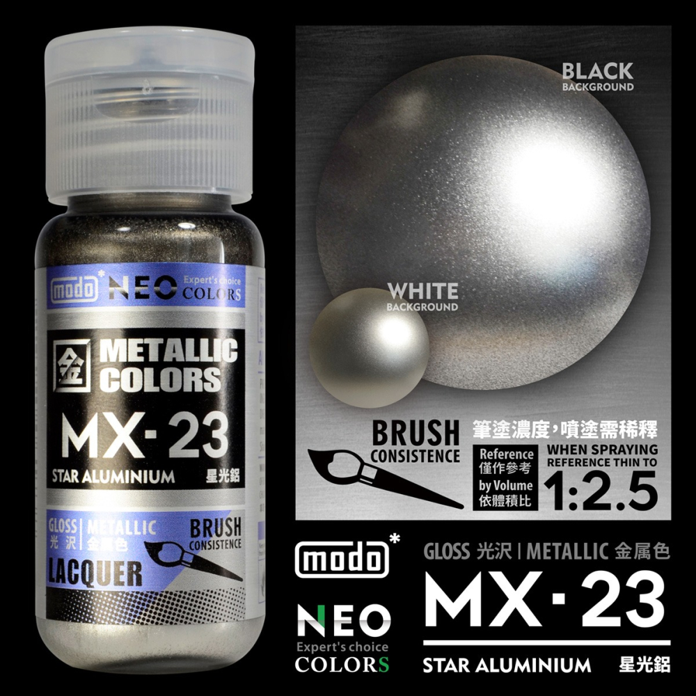 【modo摩多製造所 】NEO瓶 全新二代金屬色  MX-23 MX23 星光鋁/30ML/模型漆｜官方賣場-細節圖2