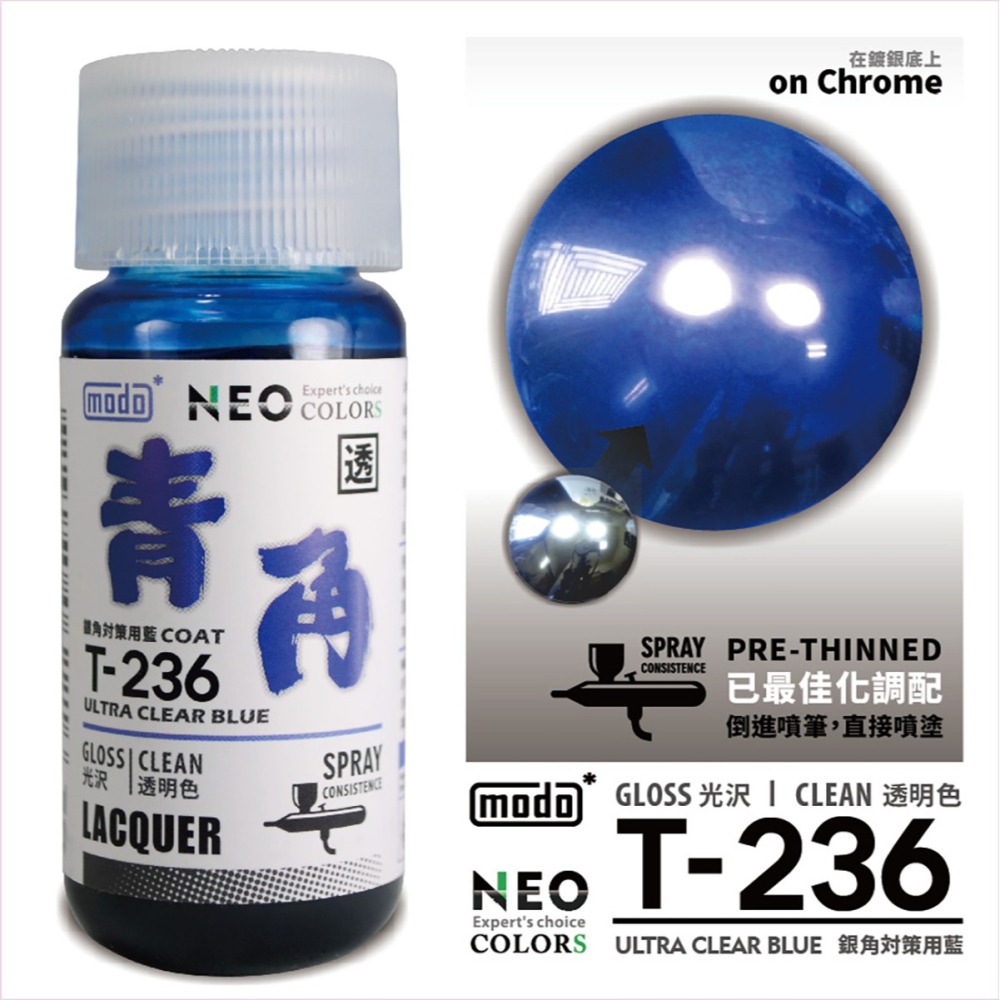 【modo摩多製造所】NEO T-236 T236 青角(銀角電鍍漆專用透明藍)/30ML/模型漆｜官方賣場-細節圖2