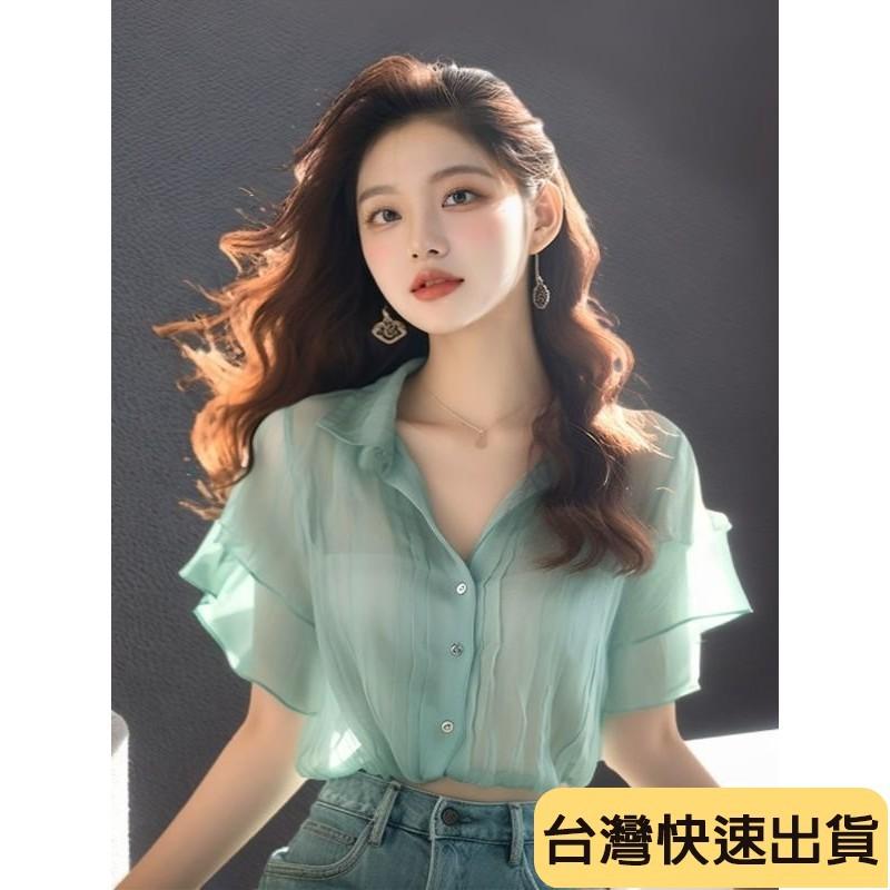 🔥麒麟優選🔥限時特惠 法式甜美荷葉邊雪紡衫女氣質v領薄短袖夏季新款小衆漂亮上衣-細節圖3
