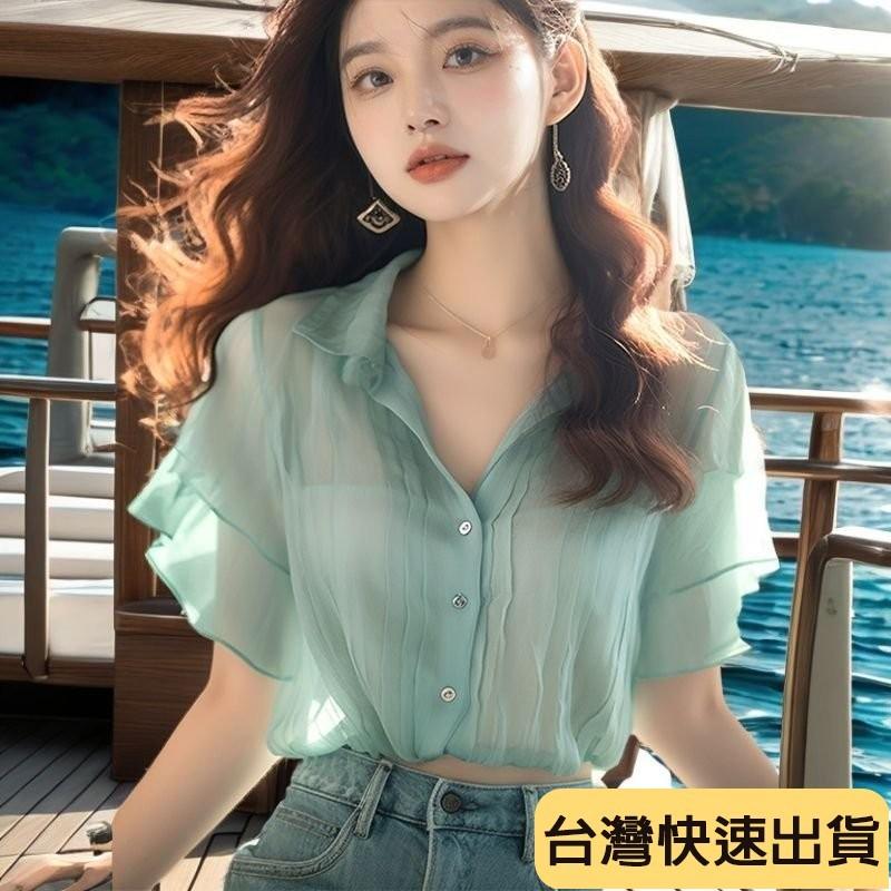 🔥麒麟優選🔥限時特惠 法式甜美荷葉邊雪紡衫女氣質v領薄短袖夏季新款小衆漂亮上衣-細節圖5