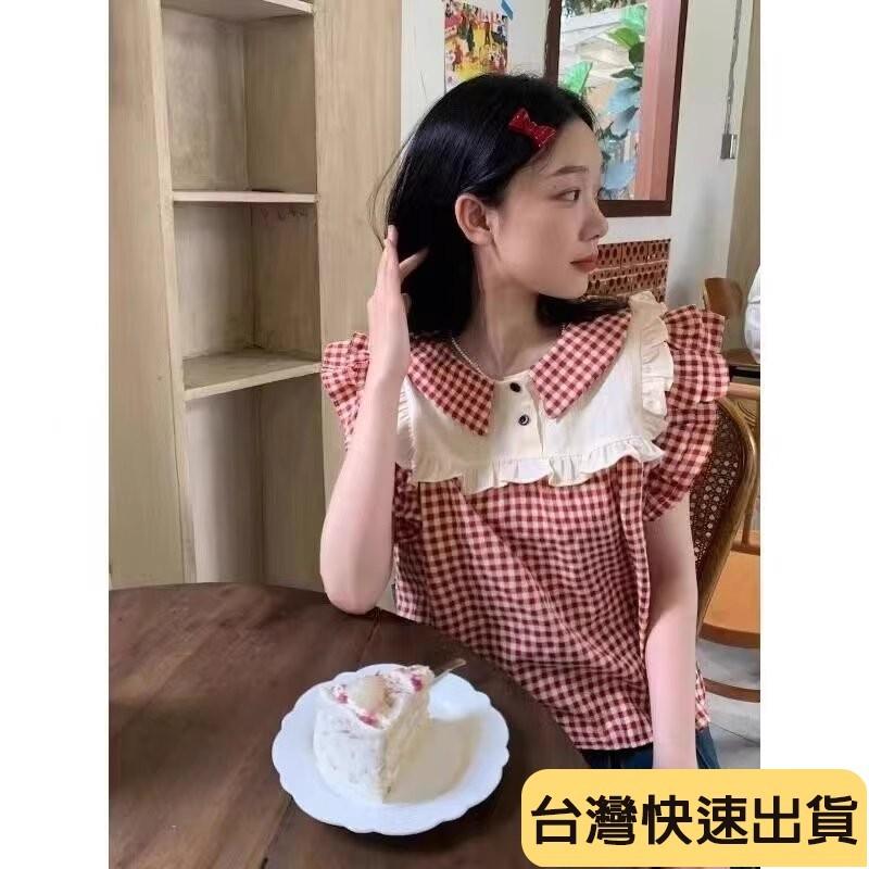 🔥麒麟優選🔥超好看娃娃衫 日係格子女款短袖設計感小衆娃娃衫法式小飛袖上衣夏季小清新-細節圖7