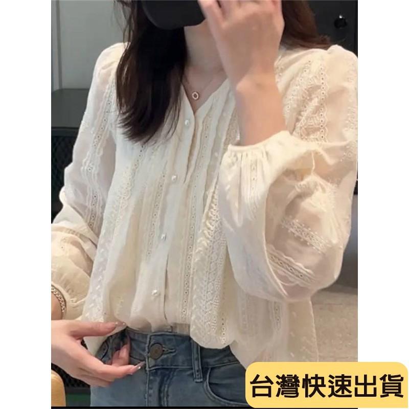 🔥麒麟優選🔥超好看打底衫 設計感小衆蕾絲長袖秋裝女 年新款刺繡小衫 打底衫法式上衣 蕾絲氣質感-細節圖8
