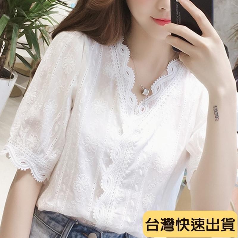 🔥麒麟優選🔥超好看短袖 新款V領花邊燈籠袖 白色洋氣蕾絲女百搭超僊上衣 大碼小衫蕾絲氣質感 40-100KG可選-細節圖5