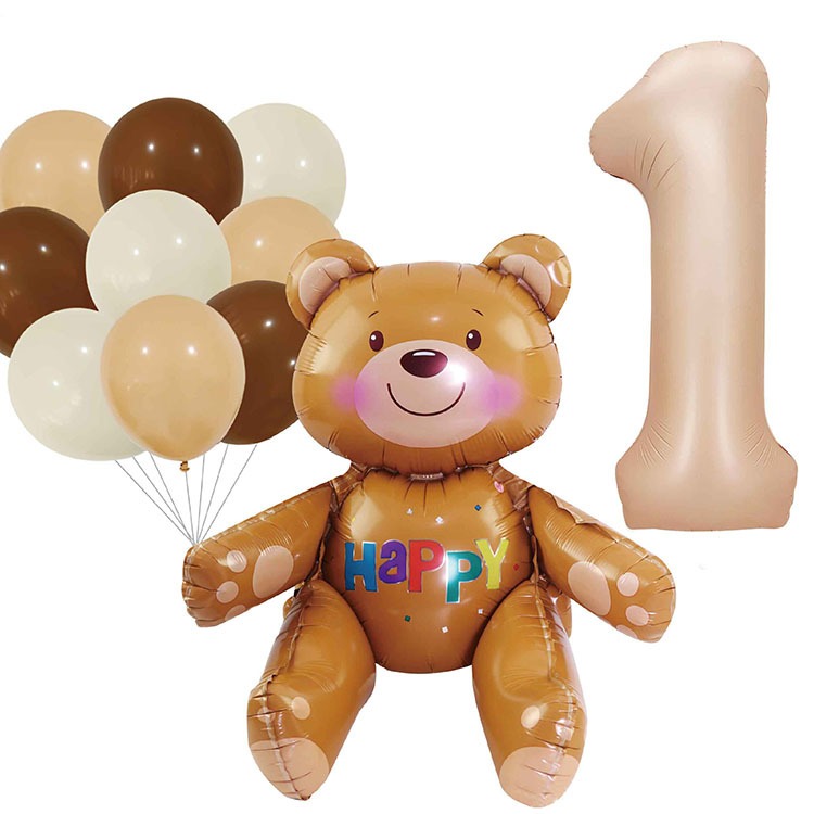 [Hare.D]現貨 奶茶色 小熊 數字氣球 生日 慶生 卡通動物 套裝氣球 生日派對 婚慶紀念 佈置氣球-細節圖2