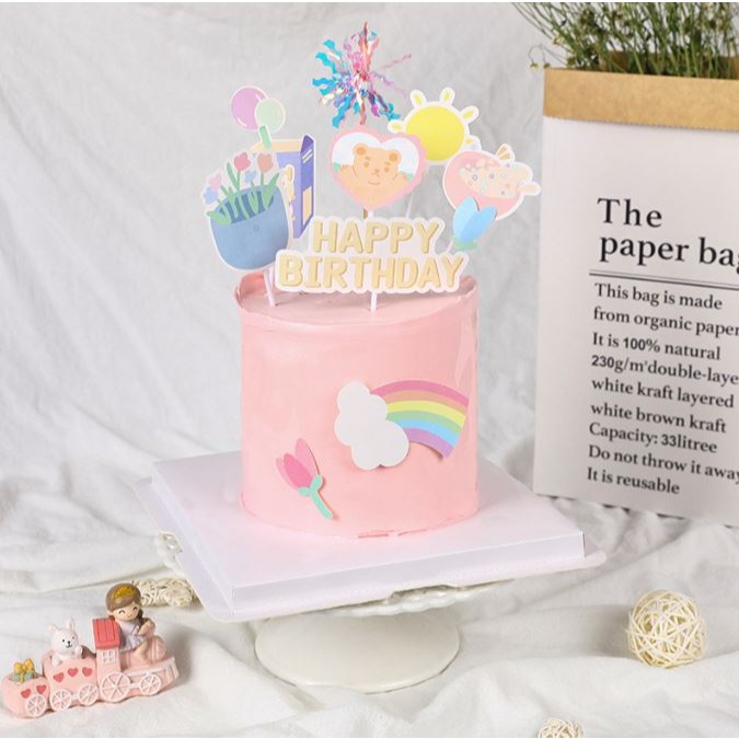 [Hare.D]現貨 手繪風 小熊 蛋糕 插牌 DIY 蛋糕裝飾 烘培裝飾 慶生 熊熊 花朵 生日快樂-細節圖2