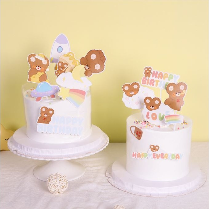 [Hare.D]現貨 手繪風 小熊 蛋糕 插牌 DIY 蛋糕裝飾 烘培裝飾 慶生 熊熊 花朵 生日快樂-細節圖3