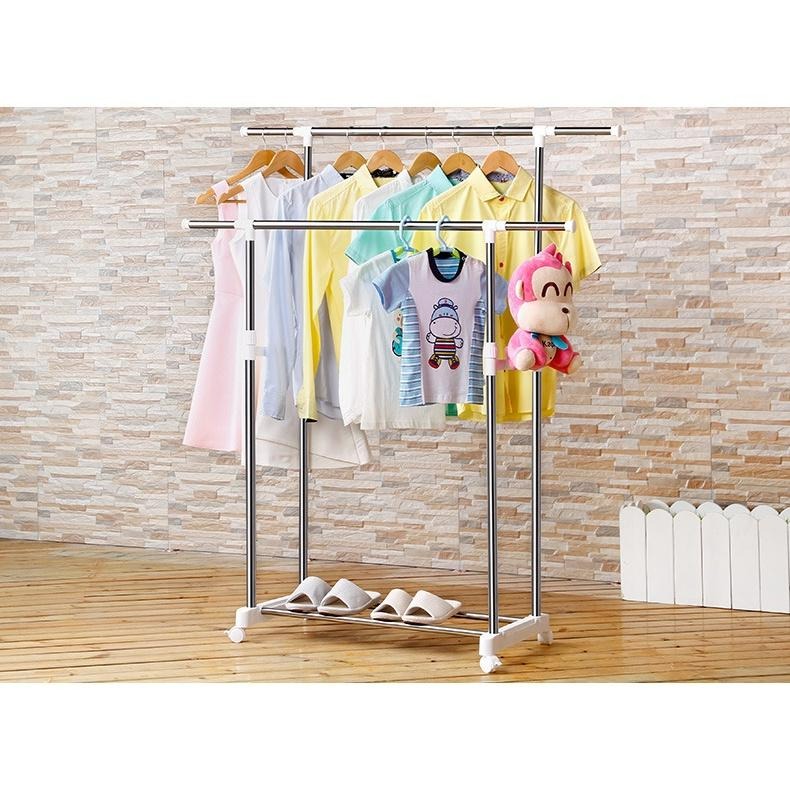 不銹鋼 雙桿 伸縮 曬衣架 高耐重 雙杆晾衣架 簡易衣帽架 吊衣架 置物架 小型曬衣架 帶輪落地曬衣架 【揪好室】-細節圖2