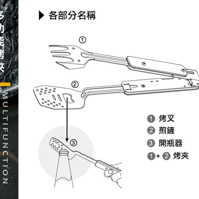 領航家 ProKamping 多功能烤夾 四合一 變型金鋼烤夾 烤肉 不鏽鋼 開瓶器 叉子 木柄 鋁柄限定款-細節圖5