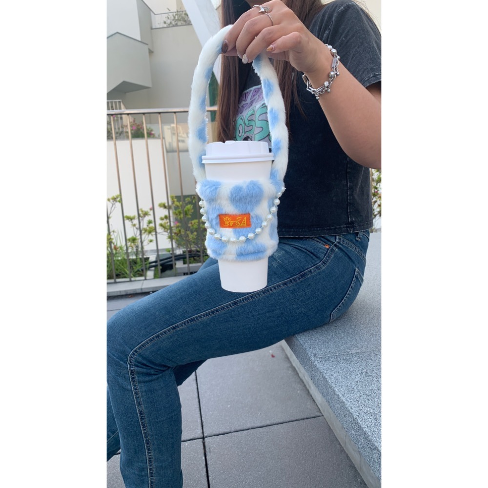 韓系風｜杯套｜飲料提袋｜法式珍珠大心 💙🩷-細節圖2
