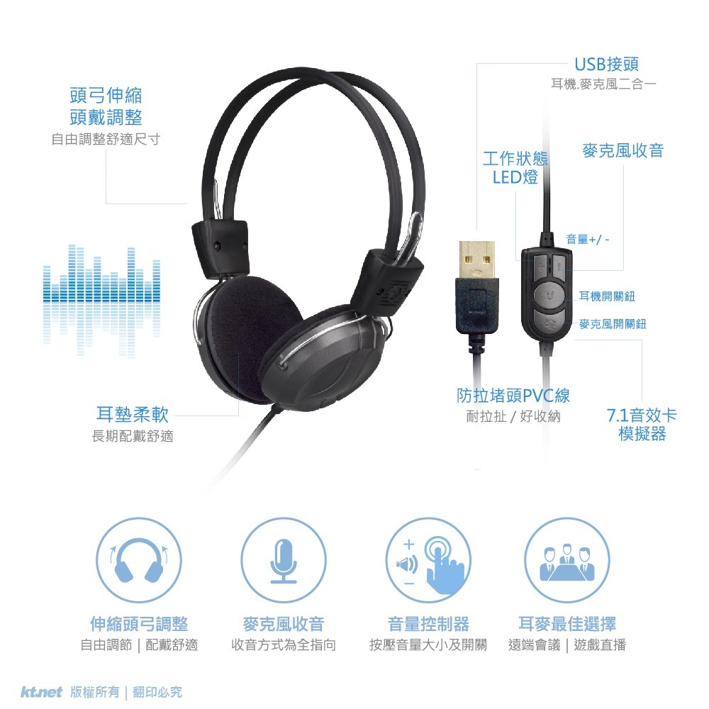 【CCA】KT.net 廣鐸 HU12 USB電腦耳機麥克風 鐵灰-細節圖2
