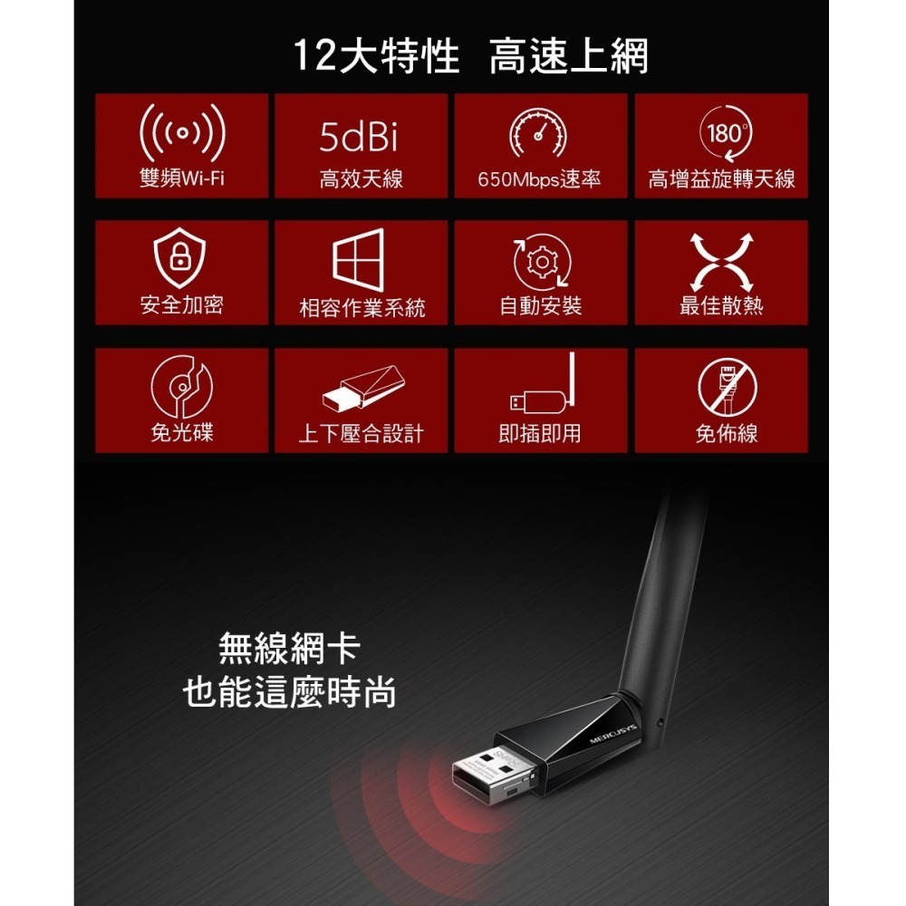 【CCA】水星 Mercusys MU6H AC650雙頻 USB 無線網卡-細節圖7