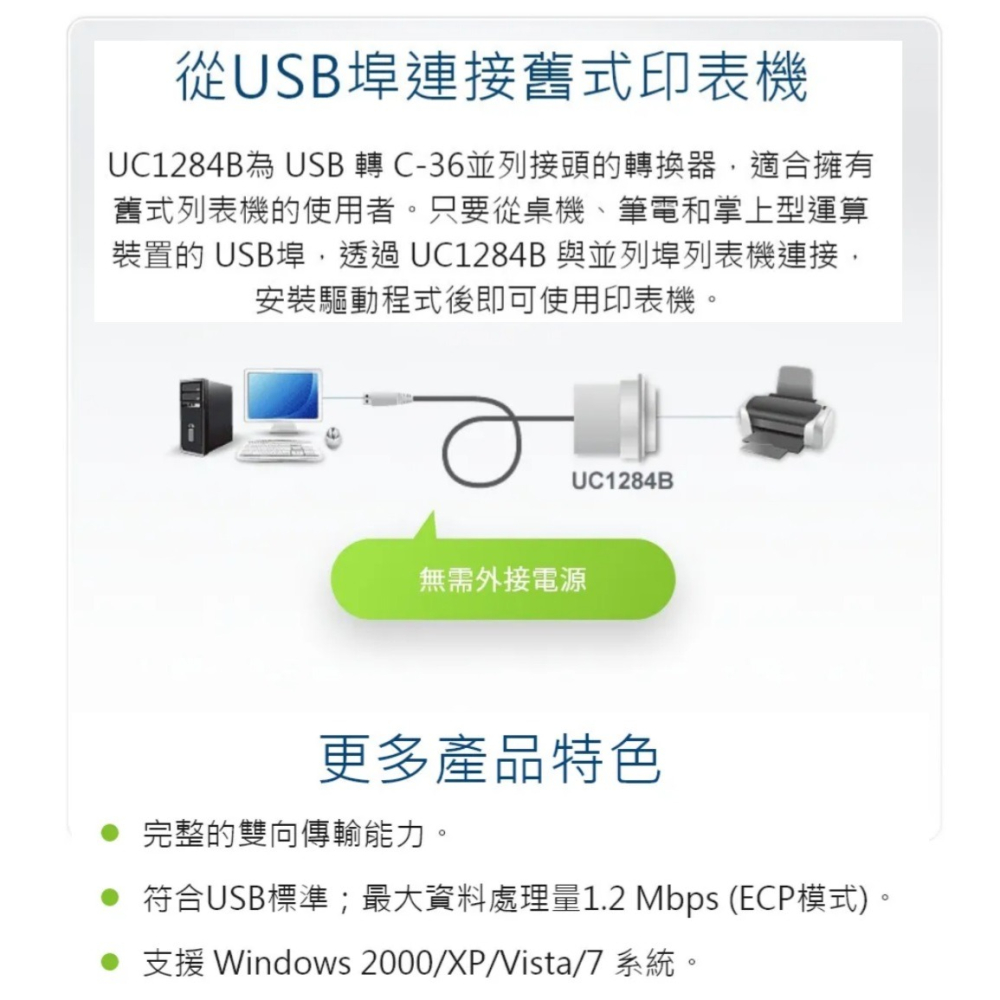 【CCA】宏電 ATEN UC1284B USB轉36公 IEEE128 印表機並列埠轉換器 轉接線 (1.8公尺)-細節圖5