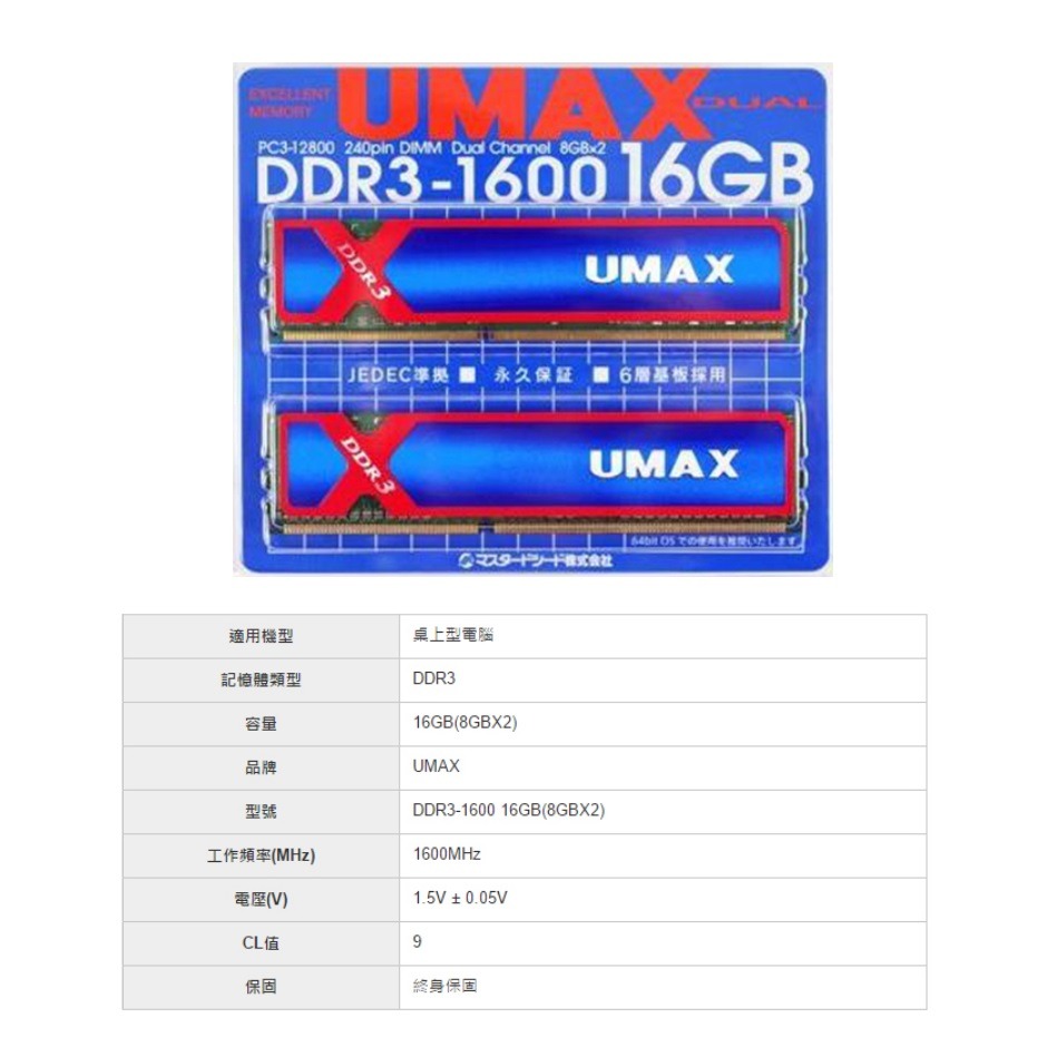 UMAX 桌上型記憶體 DDR3 1600 雙通道 16GB (8Gx2) 含散熱片 (DDR3 1600 16GB)-細節圖3