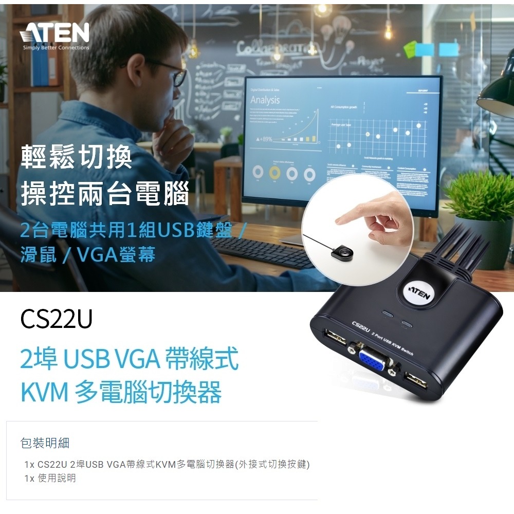 【CCA】宏正 ATEN CS22U 2埠USB VGA帶線式 KVM 多電腦切換器 外接式切換按鍵-細節圖5