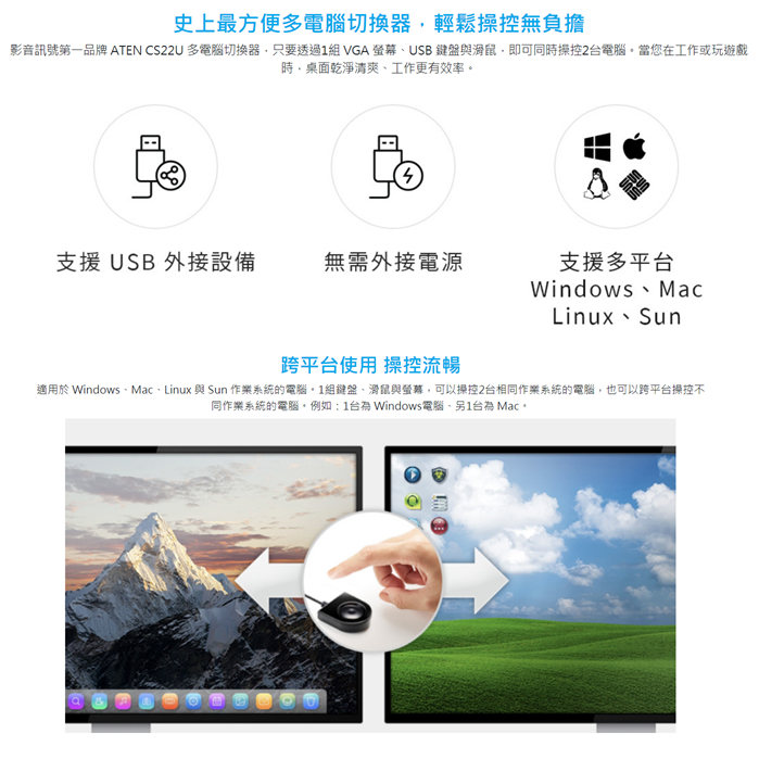 【CCA】宏正 ATEN CS22U 2埠USB VGA帶線式 KVM 多電腦切換器 外接式切換按鍵-細節圖6