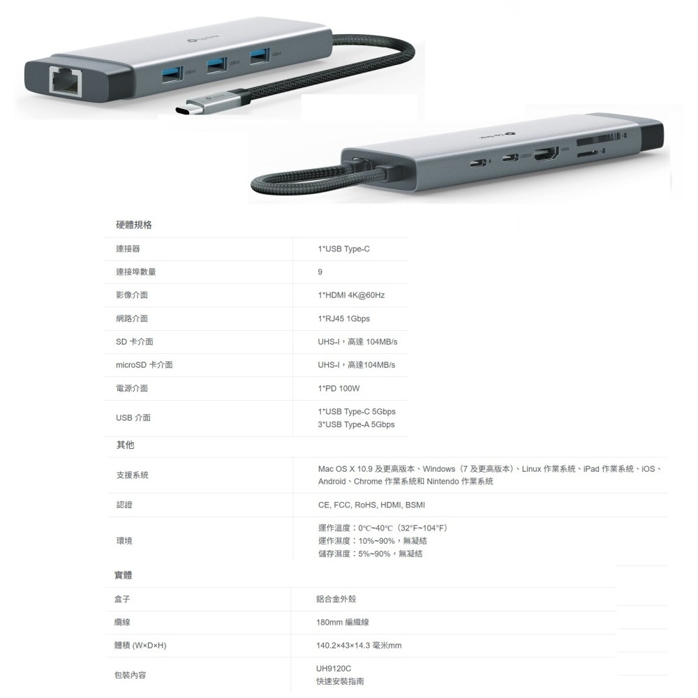 【CCA】TP-LINK UH9120C USB Type-C 九合一集線器 轉接器 9埠 SD HDMI RJ-45-細節圖3