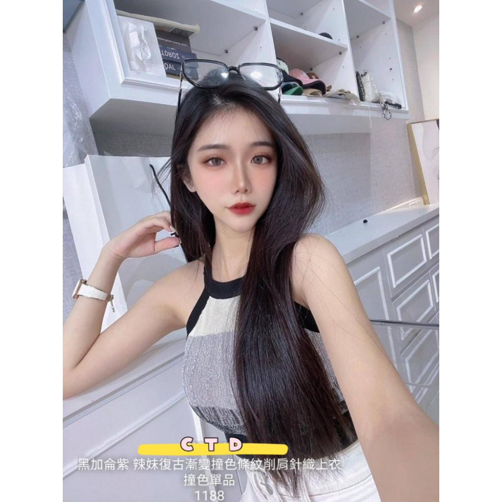 「預購」🔍1188 辣妹復古漸變撞色條紋削肩針織上衣-細節圖2