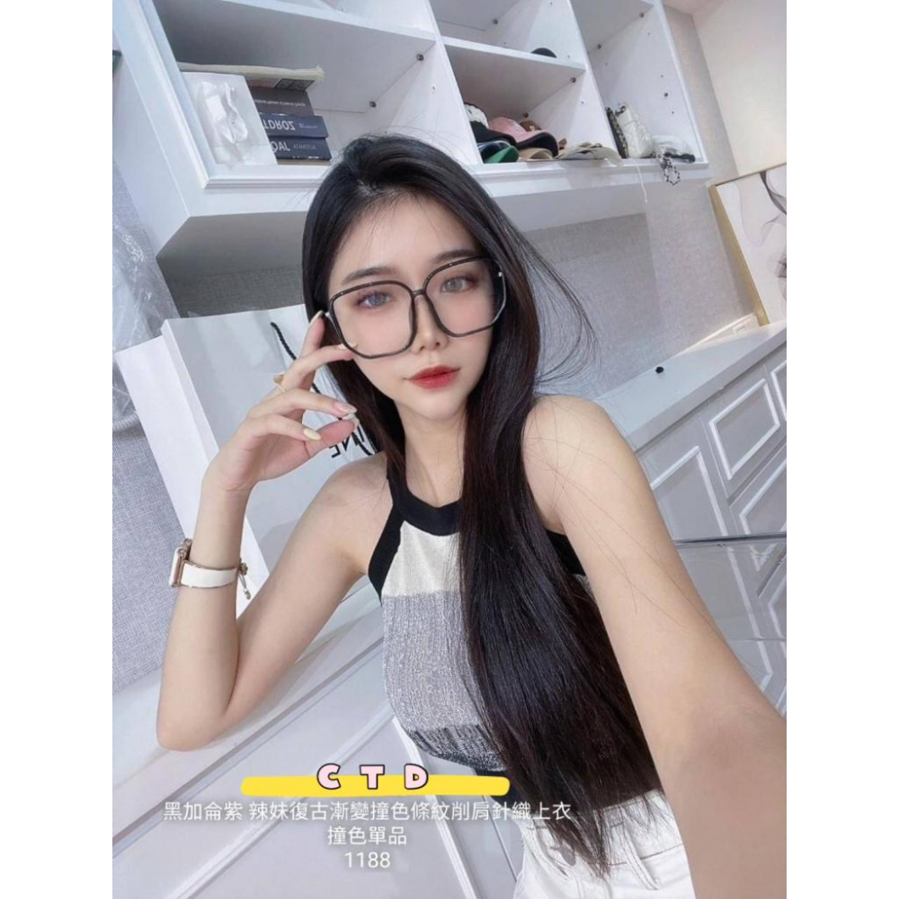 「預購」🔍1188 辣妹復古漸變撞色條紋削肩針織上衣-細節圖3