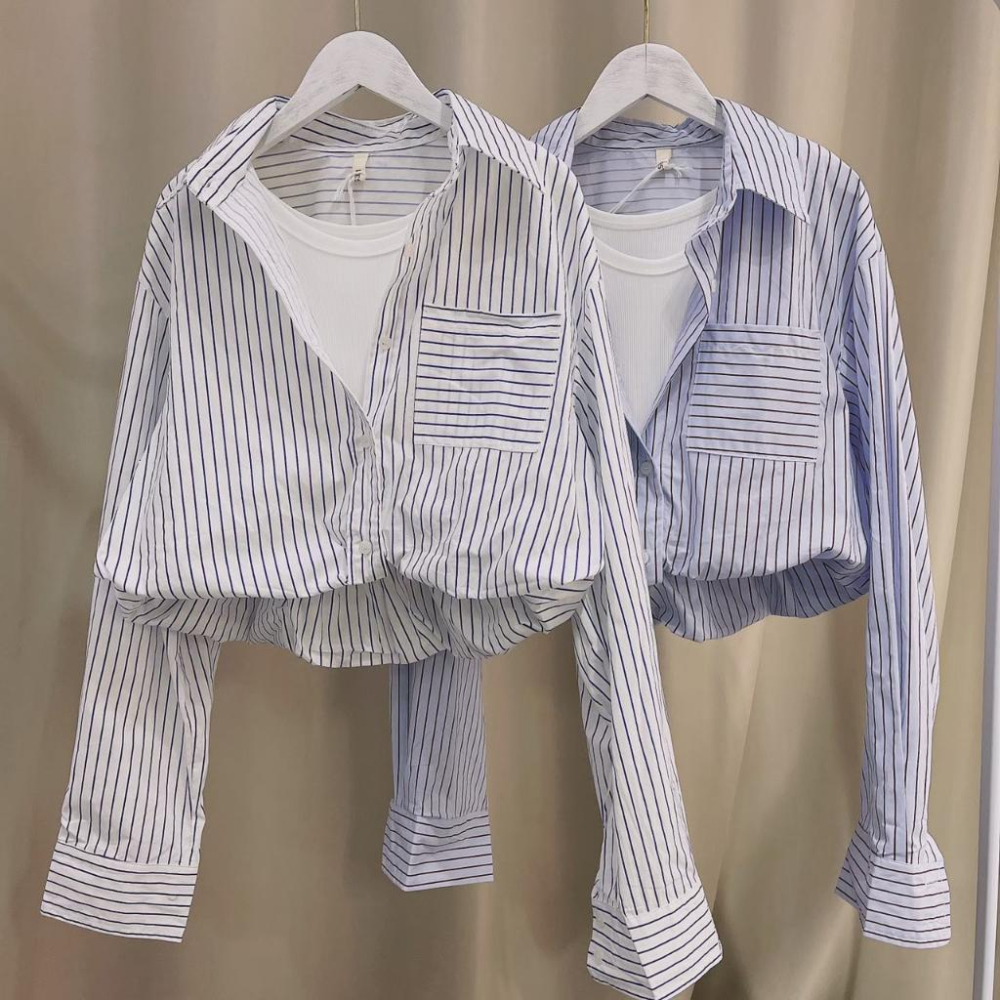 「現貨」🔍928 韓國同步 內車背心假兩件造型條紋襯衫上衣-細節圖8