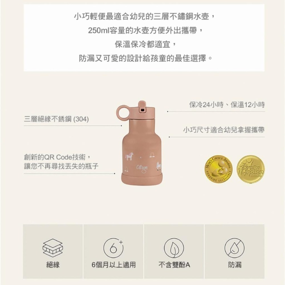 杜拜 Citron 不銹鋼保溫瓶 三層保溫瓶 兒童水瓶 不鏽鋼水瓶 250ml-細節圖6