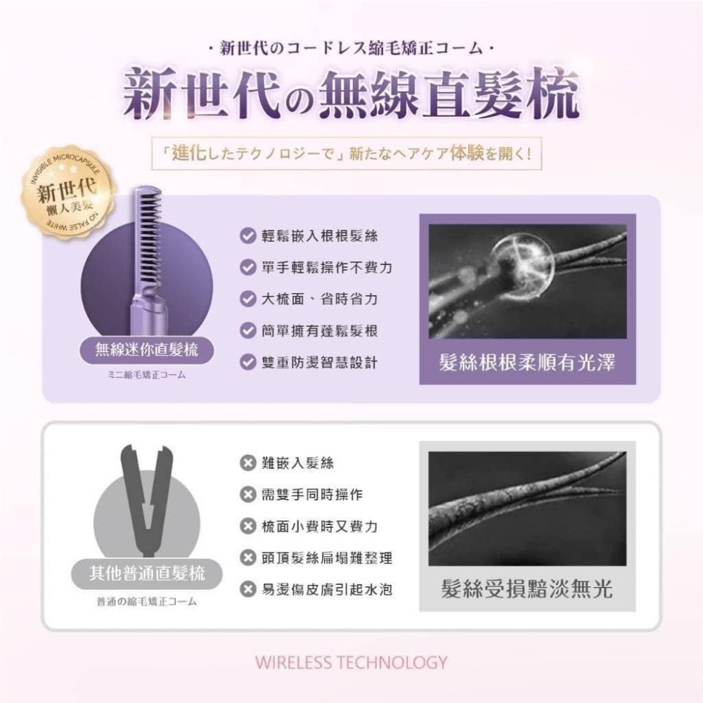 La.Fu零技巧無線離子兩用直髮梳(極光紫)充電款-細節圖4