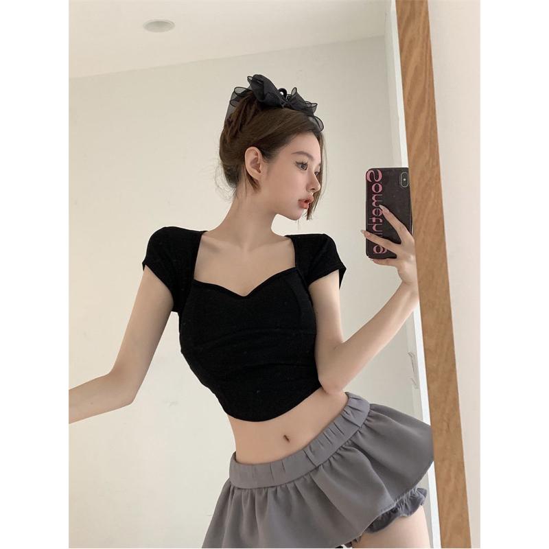 【仙女試衣間】預購💗綠色「正肩方領短袖T恤」✨女夏季「設計感別緻露臍露背純欲緊身短款上衣 」-細節圖2