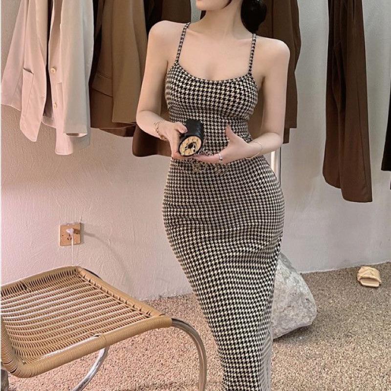 【仙女試衣間】現+預🥀「法式復古千鳥格性感修身包臀吊帶中長裙」✨港風露背交叉綁帶連衣裙-細節圖2