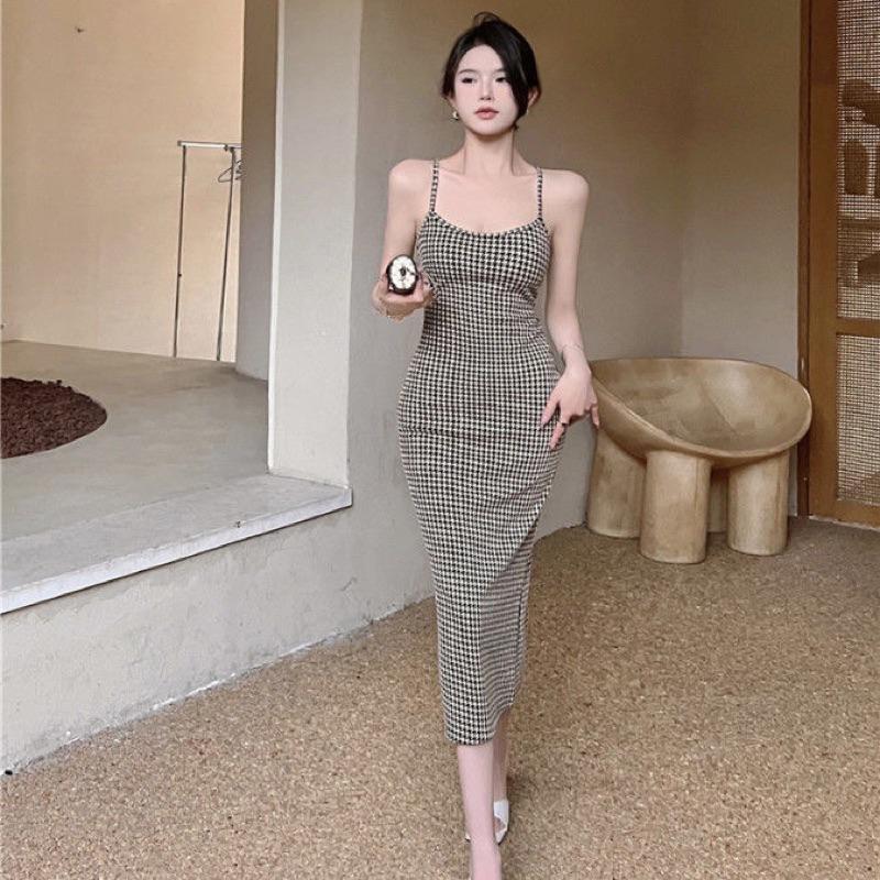 【仙女試衣間】現+預🥀「法式復古千鳥格性感修身包臀吊帶中長裙」✨港風露背交叉綁帶連衣裙-細節圖5