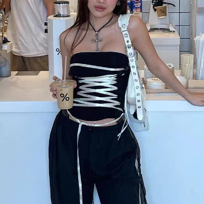 【仙女試衣間】預購✨「綁帶束腰抹胸背心」女夏季❤️‍🔥「美式復古辣妹設計感修身顯瘦短款吊帶上衣」-細節圖2