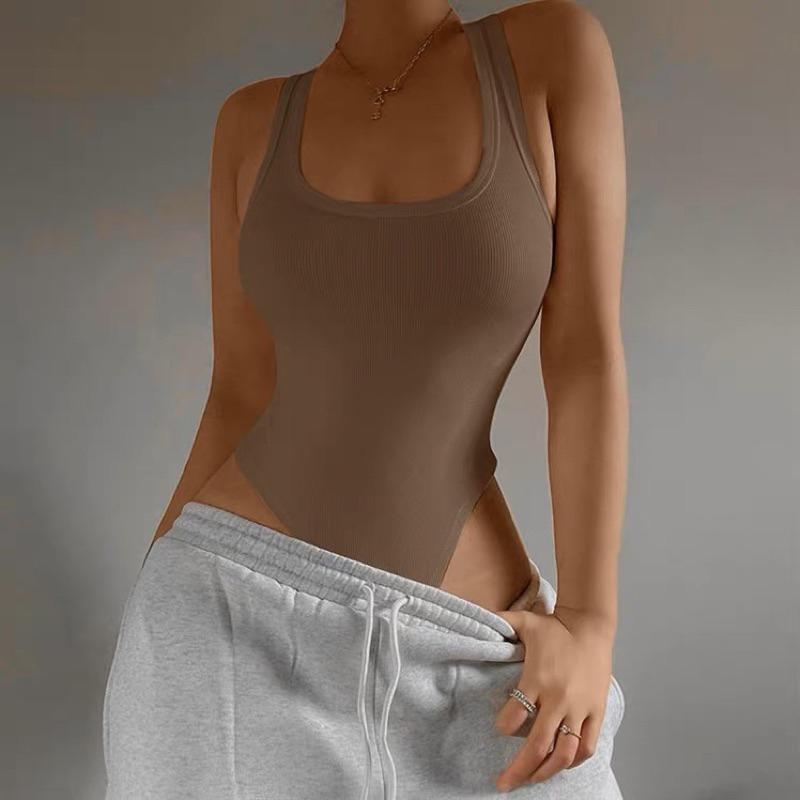 【仙女試衣間】預購🤎ins歐美「U領低胸性感無袖露肩連體背心」運動休閒百搭打底上衣 純白無袖背心 單穿無袖背心-細節圖2