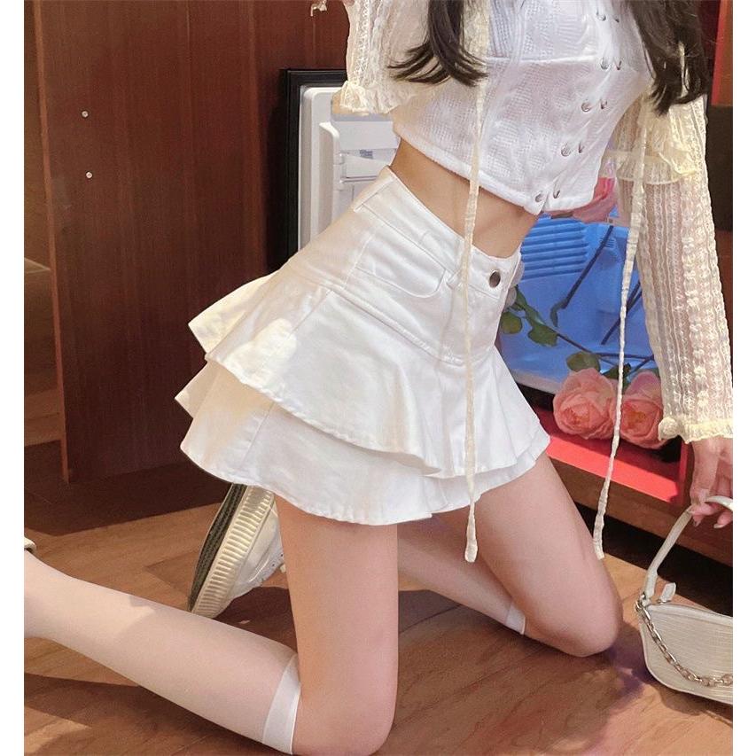 【仙女試衣間】「現貨白XL」💗大尺碼白色「牛仔裙牛仔短裙」🌈防走光內襯裙褲辣妹 A字裙夏季小個子 高腰顯牛仔裙子-細節圖2