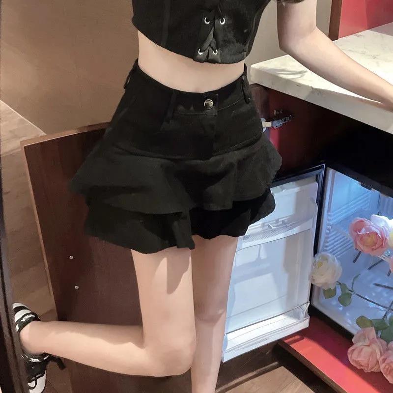 【仙女試衣間】「現貨白XL」💗大尺碼白色「牛仔裙牛仔短裙」🌈防走光內襯裙褲辣妹 A字裙夏季小個子 高腰顯牛仔裙子-細節圖6