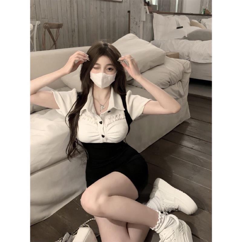 【仙女試衣間】「現貨」💗「多巴胺穿搭假兩件Polo」💟「泡泡袖連衣裙」女夏季純欲蝴蝶結系帶包臀短裙-細節圖7