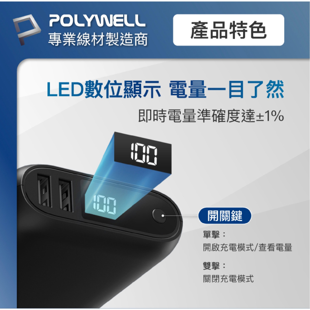 POLYWELL 10000mAh 18w 雙向快充 行動電源 充電寶 適 iPhone 15 Plus Pro Max-細節圖7