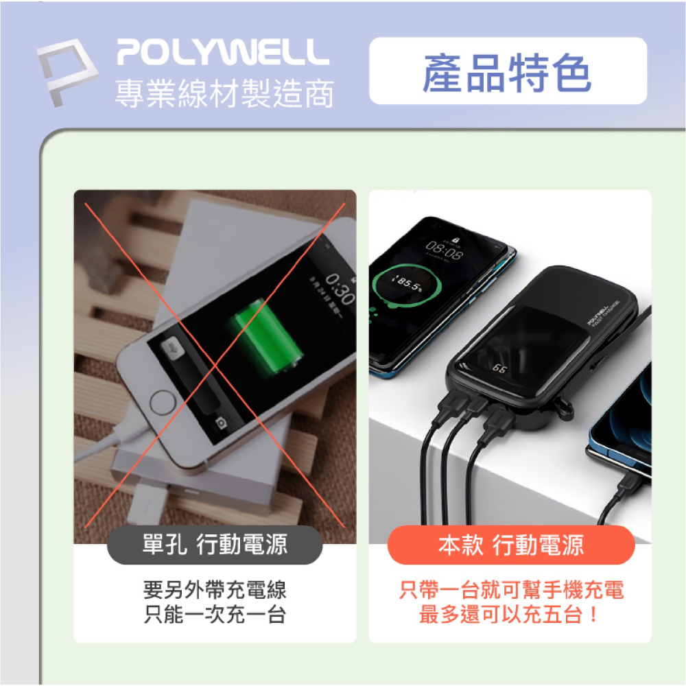 POLYWELL 自帶線 快充 行動電源 充電寶 行動充 10000mAh 適用 iPhone 15 14 13 12-細節圖7